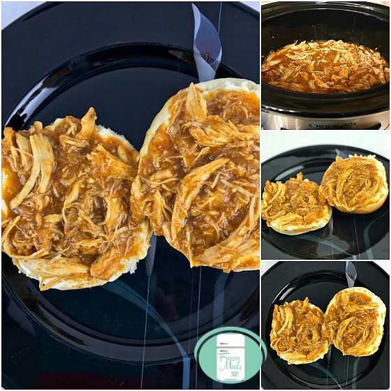 collage of shredded BBQ chicken in the slow cooker and with a bun on a plate