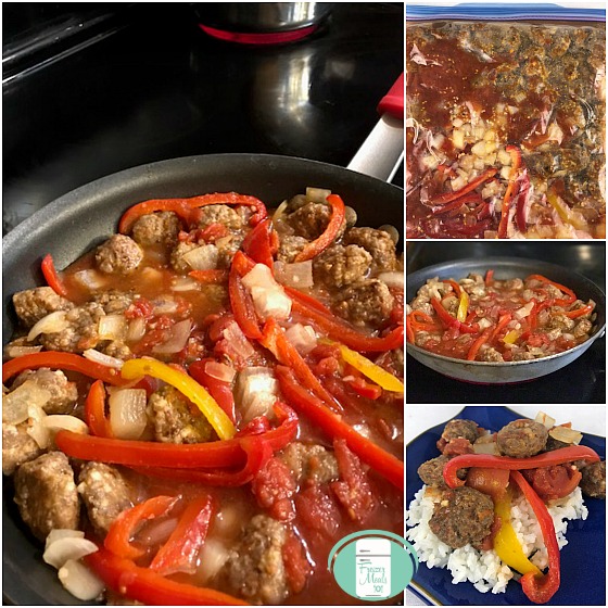 collage of sausage and peppers in a freezer bag, in the skillet and on a plate with rice
