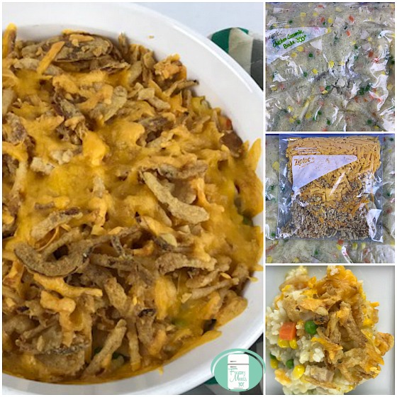 collage of chicken and vegetable casserole with crispy onion in the freezer bag and in a dish