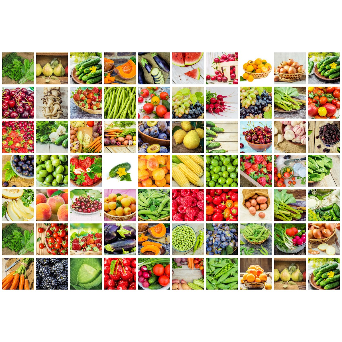 A grid of 70 photos of a variety of fruits and vegetables.