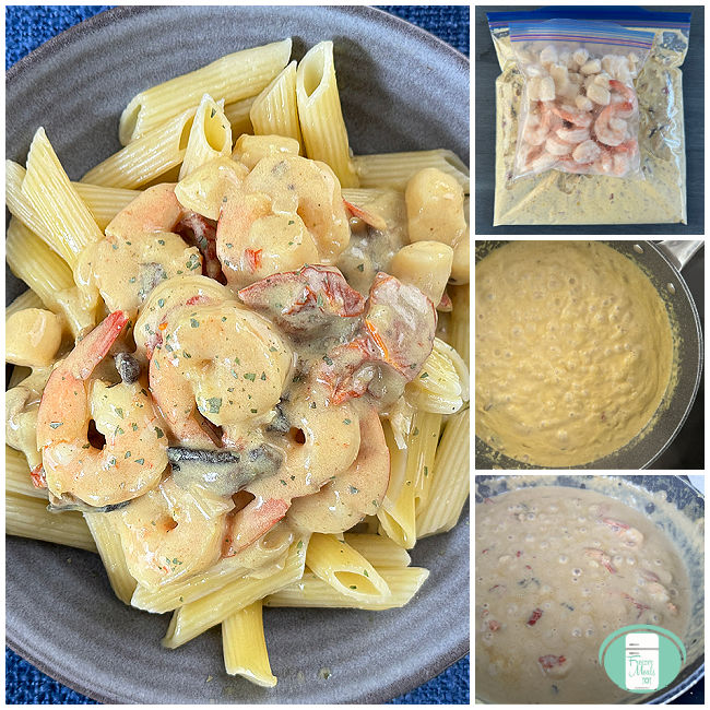 collage of 4 photos - in one, a clear bag of yellow sauce and another bag of shrimp and scallops, second photo is of yellow sauce in a skillet, another photo of bubbling sauce in skillet, and a photo of penne pasta topped with yellow sauce and shrimp and scallops