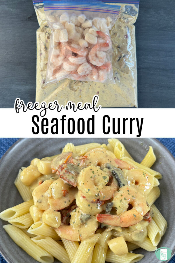 clear bag with yellow sauce and jumbo shrimp in one photo, shrimp and scallops in sauce on penne pasta in a grey bowl in the other photo