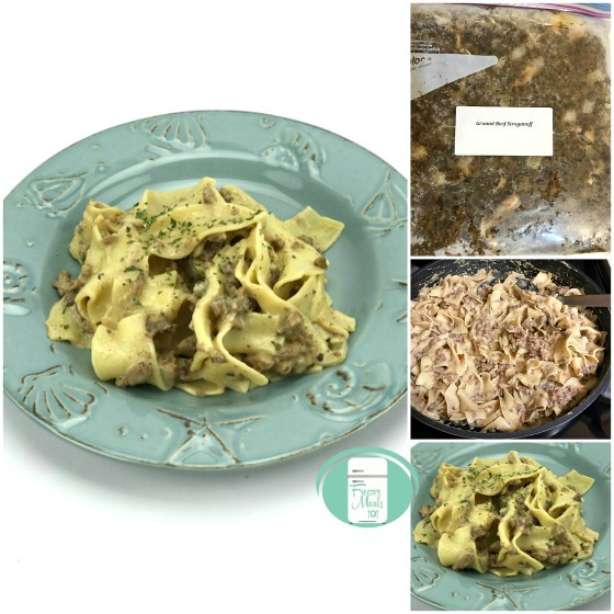 collage of ground beef stroganoff in the freezer bag, the slow cooker and on a plate with pasta
