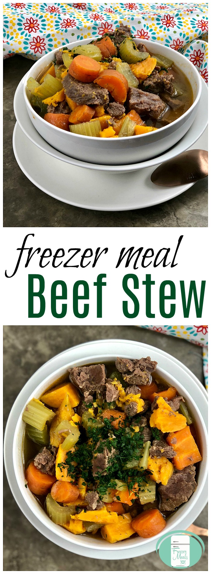 This hearty beef stew recipe can go from the freezer to the crock pot. #freezermeals101 #recipes #freezercooking #easyfamilymeals 