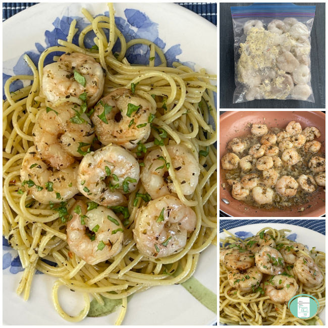 collage of photos including raw shrimp in a clear bag, shrimp cooking in a skillet, and spaghetti noodles topped with shrimp