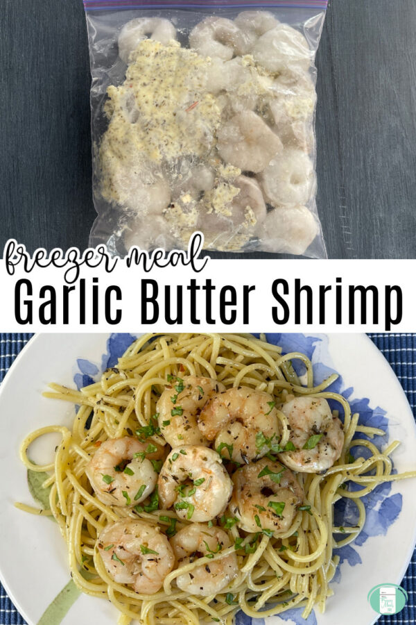 clear bag with raw shrimp and butter in it in top photo and spaghetti noodles on a plate topped with seasoned cooked shrimp and parsley in bottom photo