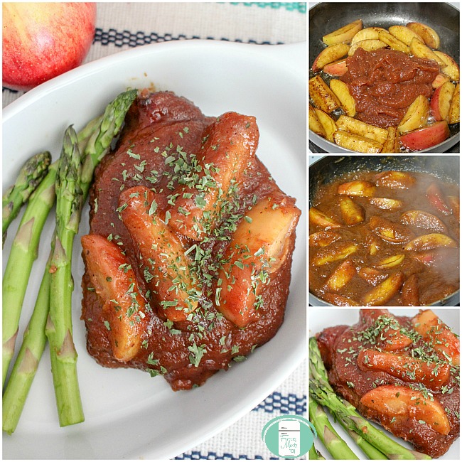 collage of apple sauce cooking and served on pork chops