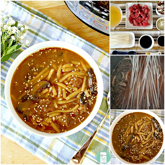 collage of beef, rice noodles and Asian beef noodle soup in a bowl