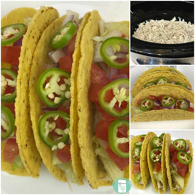 collage of salsa verde tacos in a slow cooker and on a plate
