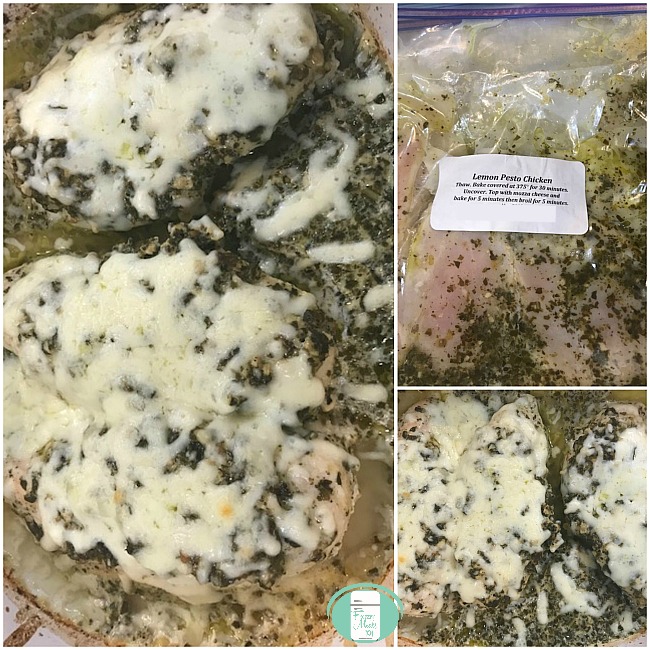 collage of lemon pesto chicken in the freezer bag and in a pan