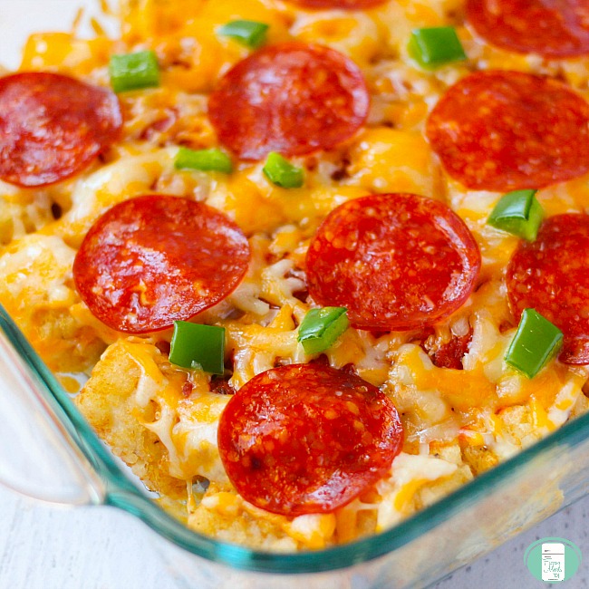 close up of tater tot pizza casserole