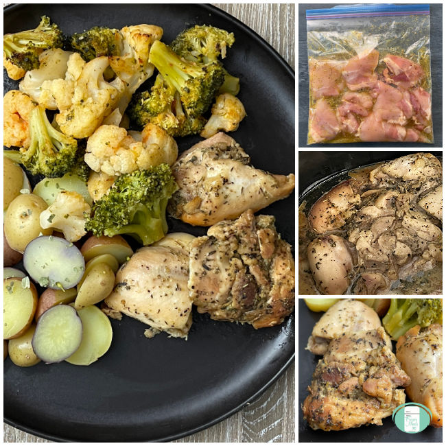 a collage of photos showing the chicken marinating in a clear bag, then cooking in the slow cooker, then sitting on a plate with potatoes, broccoli, and cauliflower