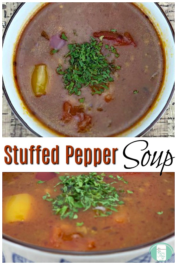 This make ahead Stuffed Pepper Soup can be cooked in the Instant Pot, slow cooker, or stovetop. #freezermeals101 #freezercooking #makeaheadmeals #soupson #soup #instantpot #easyinstantpot #crockpotrecipes