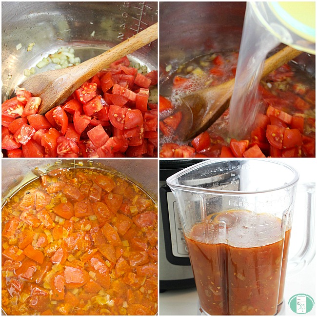 cooking and blending the ingredients for Instant Pot tomato soup