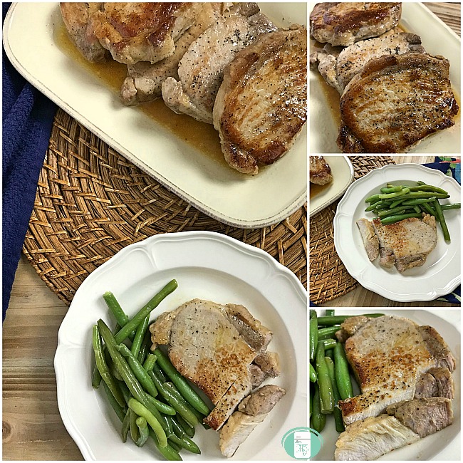 collage of marinated pork chops with green beans on the side