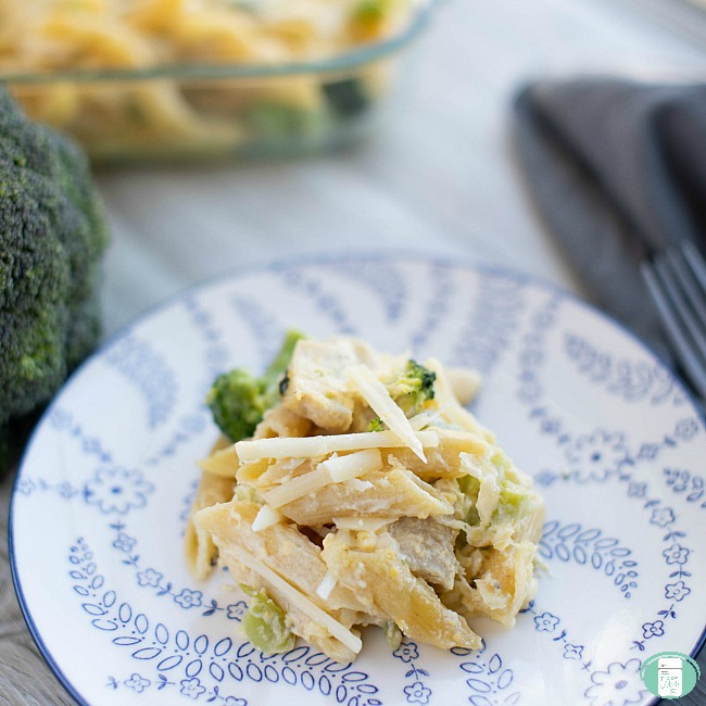 close up of chicken and broccoli Alfredo baked pasta