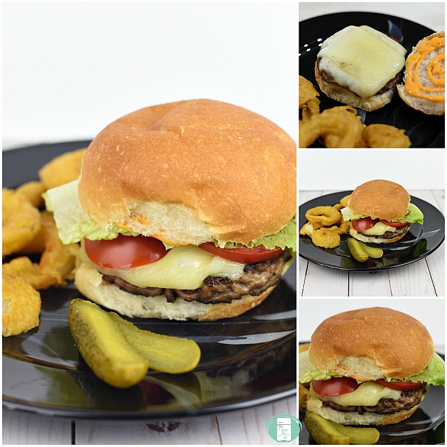 collage of blue cheese hamburgers with pickles and onion rings