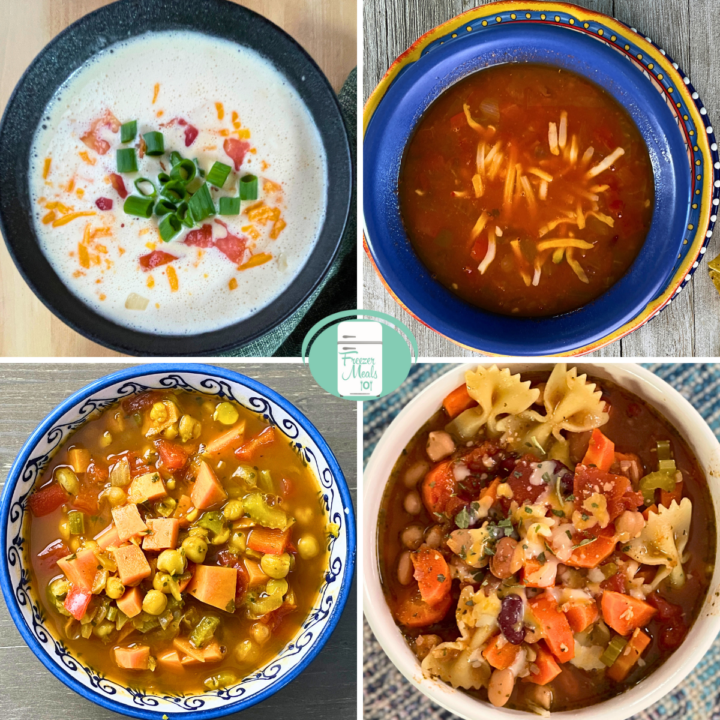 Four soups shown, clothwise from top left: Cheesy Cauliflower Soup, Pinto Tortilla Soup, Pesto Minestrone, Swee Potato Soup