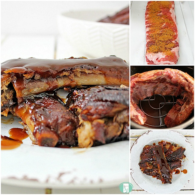 collage of steps to make the country style ribs in the instant pot and the finished ribs on a plate