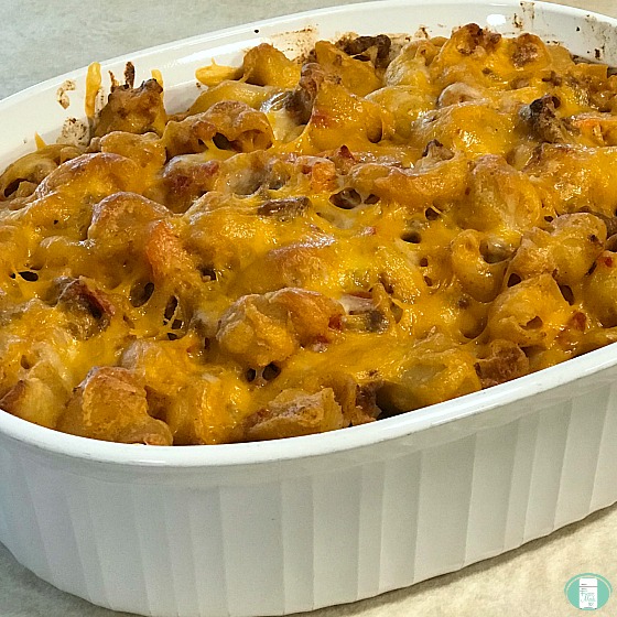 casserole dish with Pastitcio baked pasta covered in cheese