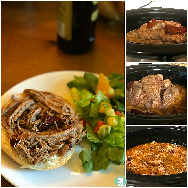 collage of Dr Pepper pulled pork in the crockpot and on a plate with salad