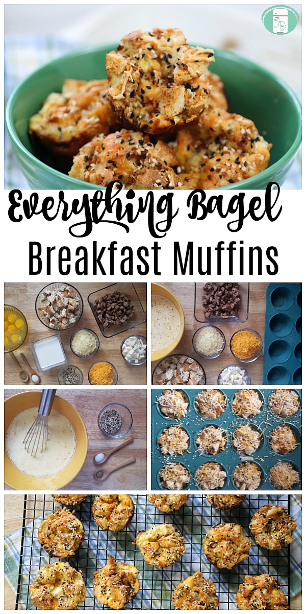 at the top, a green bowl holds five muffins sprinkled with seasoning. There are images of the ingredients such as eggs, cream, shredded cheese, cream cheese, and bagel cubes and a whisk in a yellow bowl. The text reads "Everything Bagel Breakfast Muffins" #freezermeals101 #breakfastmuffins #everthingbagel #makeaheadbreakfast 