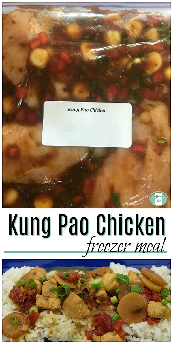 a plastic bag filled with chicken, sauce, and vegetables is on top with a plate of rice covered in cubed chicken, red sauce, and vegetables is on the bottom with text that reads "Kung Pao Chicken freezer meal" #freezermeals101 #kungpaochicken #Asianfreezermeal