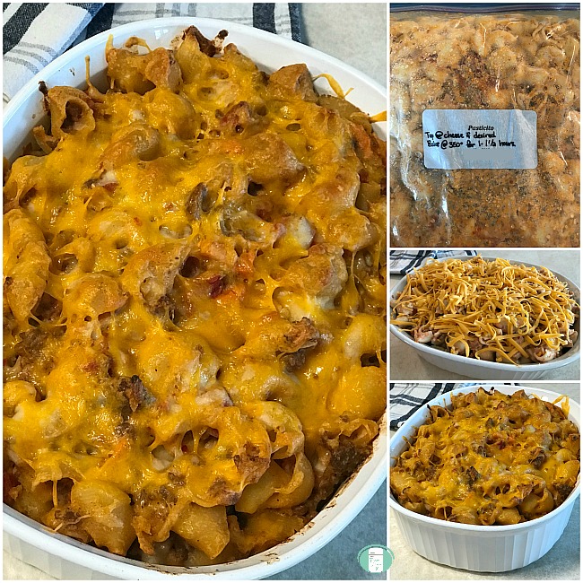 collage of Pastitcio in the freezer bag, in a casserole dish before and after being baked