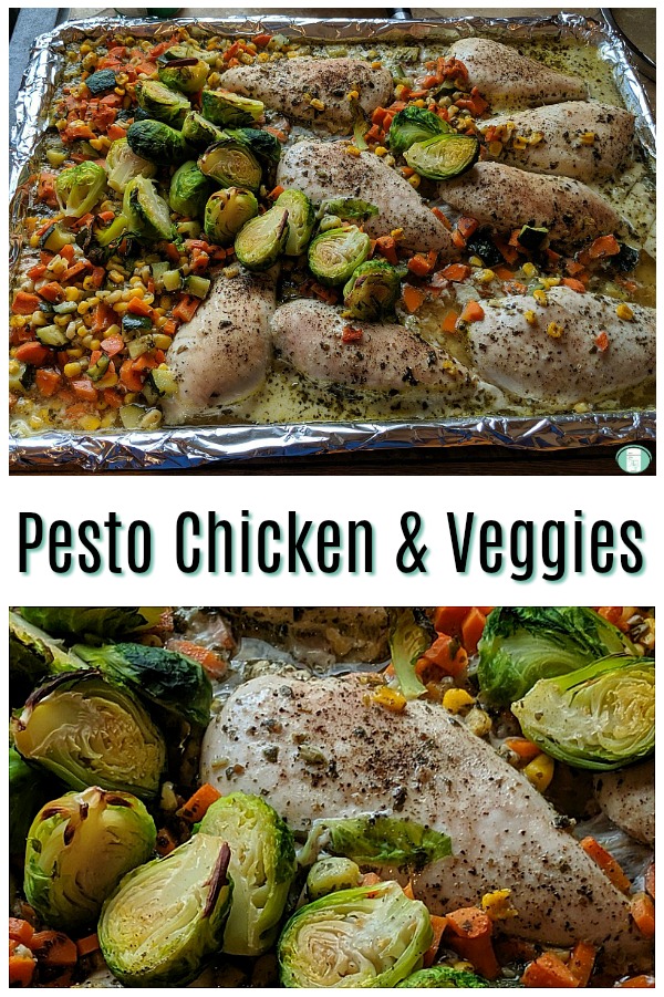 chicken breasts, diced green zucchini, orange carrots, green Brussels sprouts, and yellow corn are laid out on tin foil on a baking tray. The text reads "Pesto Chicken and Veggies" #freezermeals101 #chickendinner #pestochicken 
