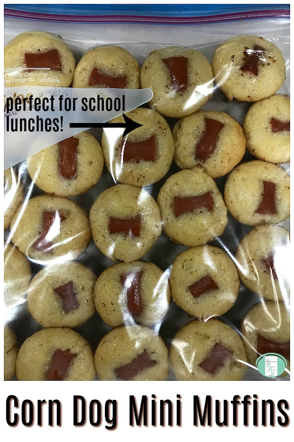 a clear plastic bag is filled with small yellow corn muffins with a chunk of hot dog visible in the middle. The text reads "perfect for school lunches! Corn Dog Mini Muffins" #freezermeals101 #corndogs #minimuffins #schoollunchideas
