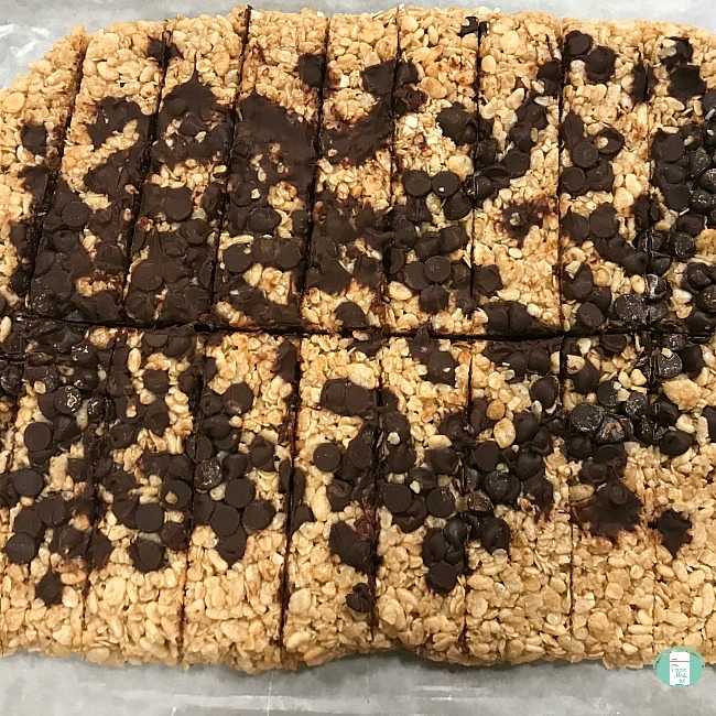 close up of granola bars with lots of chocolate chips on top