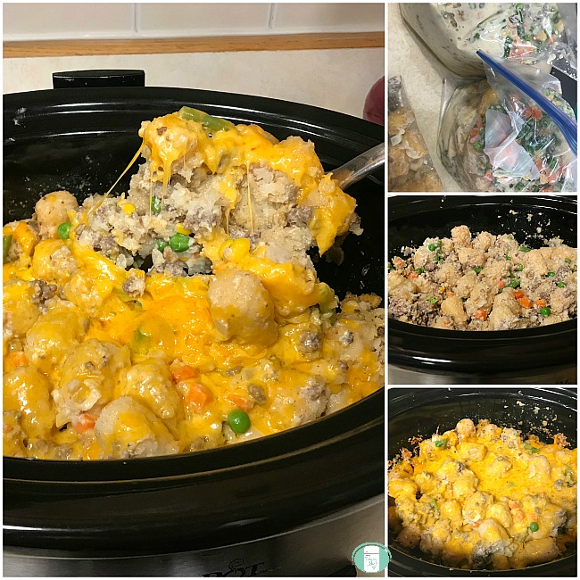 collage of tater tot beef and veggie casserole in the crockpot and freezer bag