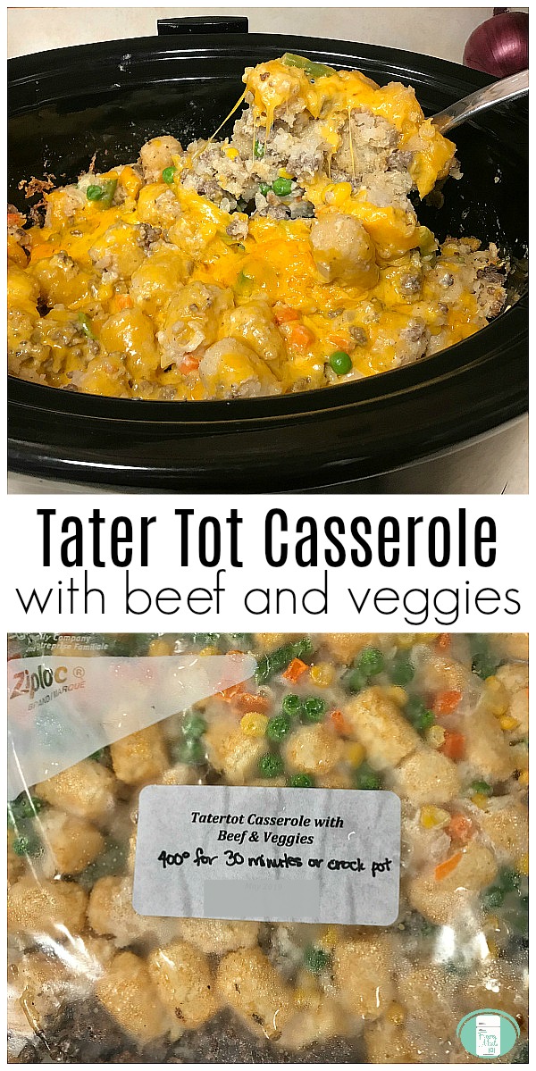 a black crock pot is filled with a cheesy casserole and a spoon scooping some of it out with text that reads "Tater Tot Casserole with beef and veggies" #freezermeals101 #tatertotcasserole #beefandvegcasserole 