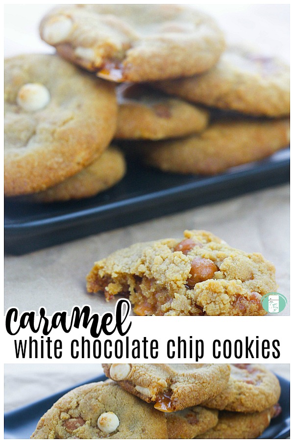 blue plate piled with cookies and one with a bite from it sits on the counter in front with text that reads "Caramel white chocolate chip cookies" #freezermeals101 #chocchipcookies #freezercookies