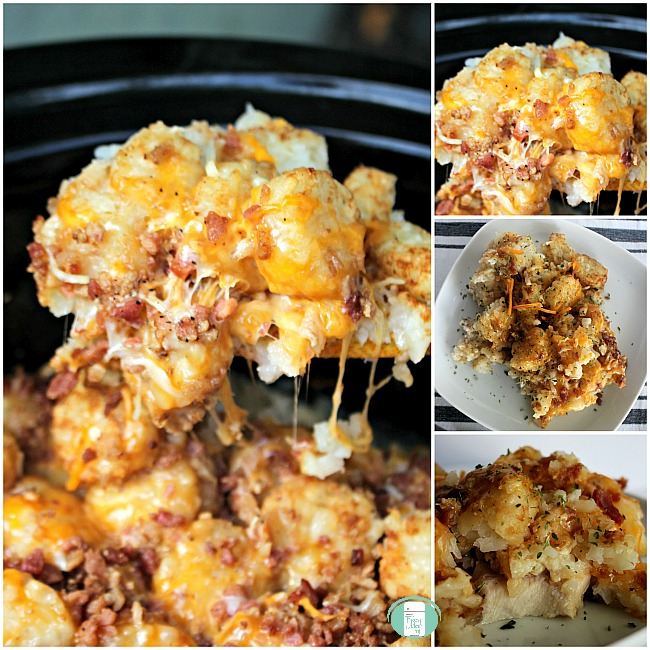 collage of chicken tater tot casserole in the crockpot and on a plate