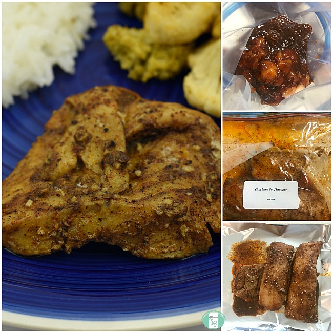 collage of chili lime tilapia in the freezer bag and served with rice and vegetables