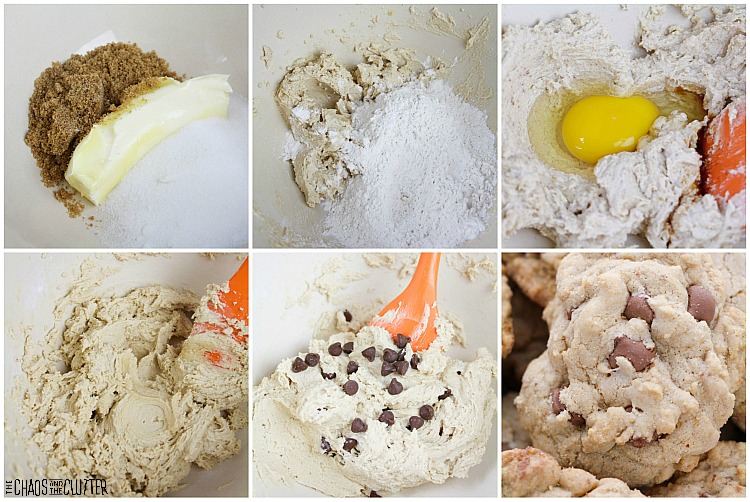 collage of steps to make chocolate chip cookies in one bowl