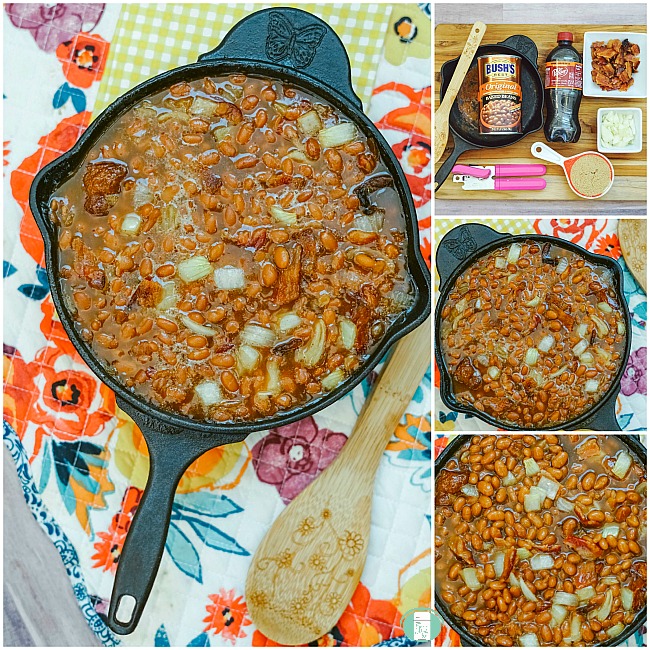 collage of ingredients to make Dr Pepper baked beans and beans in an iron skillet