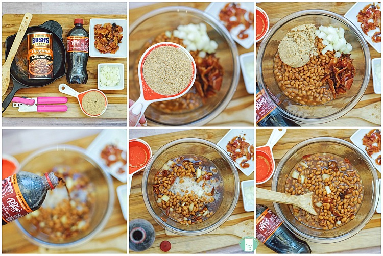 collage of steps to make Dr Pepper baked beans, ingredients and assemly