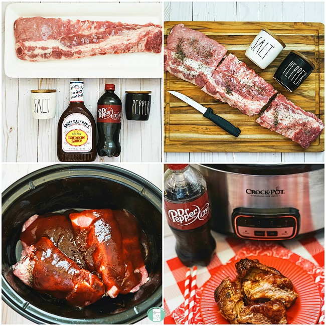 collage of ribs, ingredients and crockpot for Dr Pepper ribs