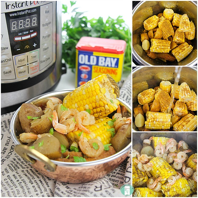 collage of making the Instant Pot shrimp boil with corn and potatoes