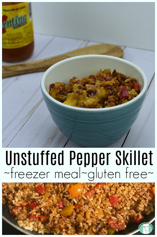 blue bowl with ground beef, peppers, and cheese a bottle of hot sauce in the background and a full skillet underneath with text that reads "Unstuffed Pepper Skillet freezer meal gluten free" #freezermeals101 #pepperskillet #glutenfree #makeahead #unstuffedpeppers