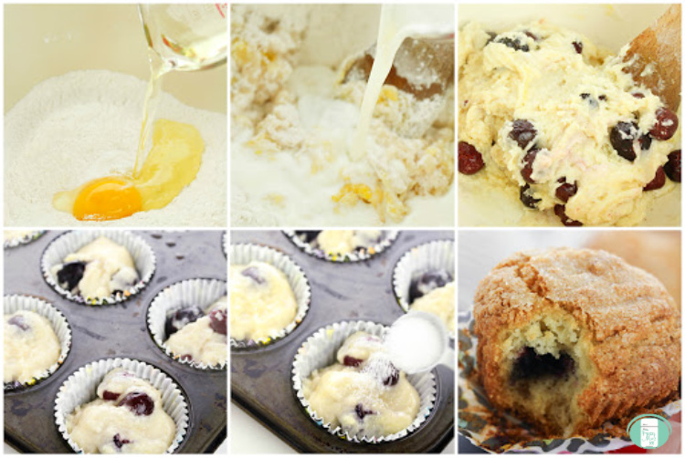 collage of steps to make cherry muffins