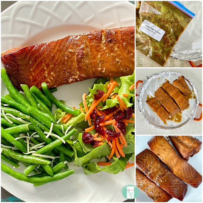 collage of ginger soy salmon in a freezer bag as well as on a plate with green beans and salad