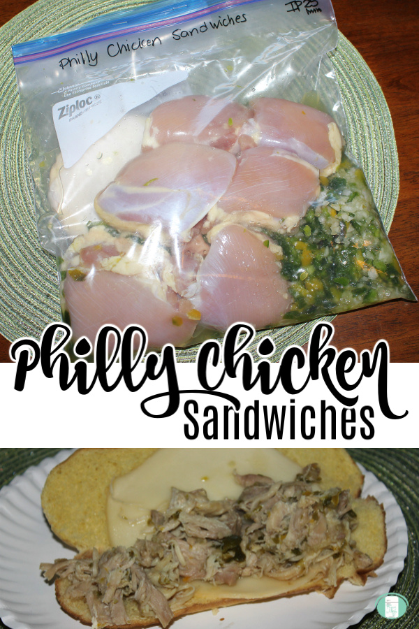 chicken and vegetables in a bag on top with shredded chicken filling and cheese on top of a bun and text that reads "Philly Chicken Sandwiches" #freezermeals101 #phillychicken #freezersandwich #makeahead #chickendinner