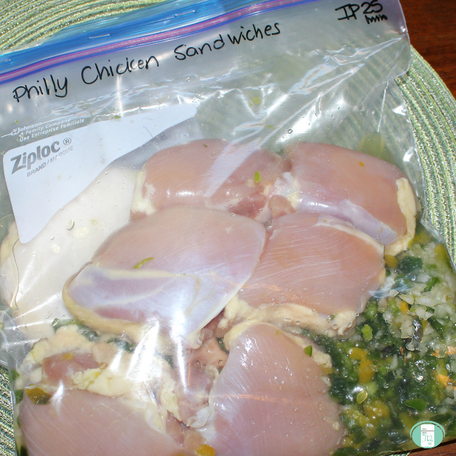 freezer bag with ingredients to make philly chicken sandwiches