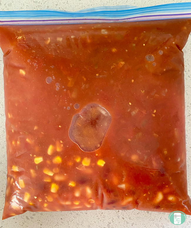 close up of vegetarian taco soup in a freezer bag