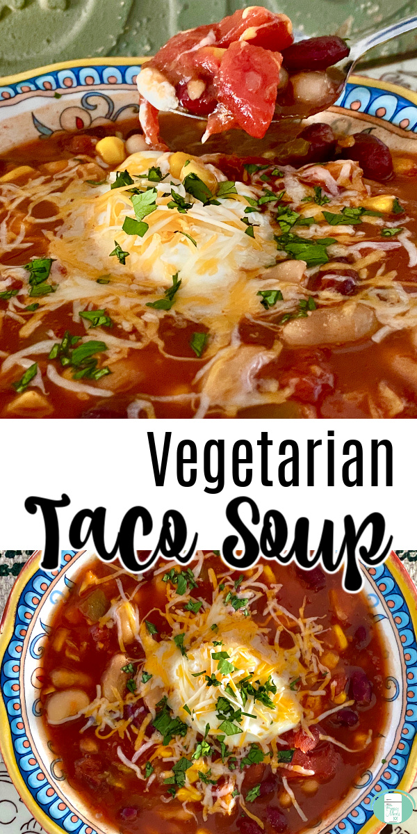 spoon scooping soup out of bowl that has beans, tomatoes, vegetables and topped with cheese with text that reads "Vegetarian Taco Soup" #freezermeals101 #vegetarian #tacosoup #vegetariantacosoup #makeahead 
