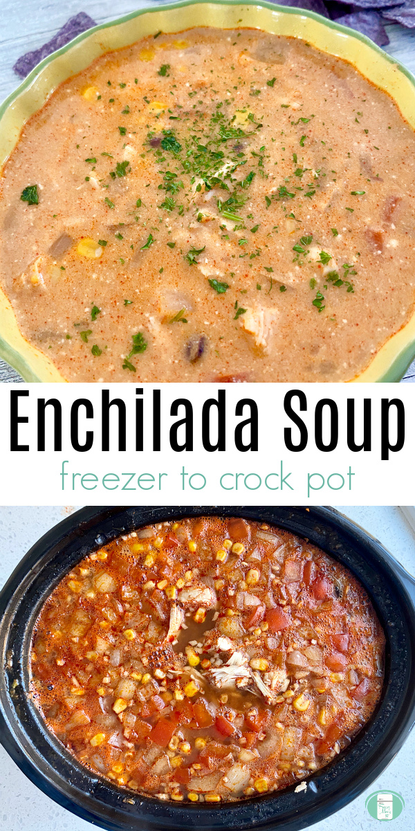 yellow bowl with creamy rose coloured soup on top and black slow cooker on bottom with chunky soup. Text reads "Enchilada Soup freezer to crock pot" #freezermeals101 #enchiladasoup #crockpotsoup