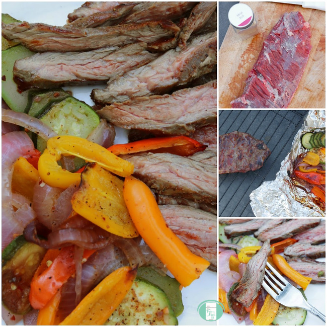 collage of grilled flank steak with a rub, on the grill and on a plate with veggies